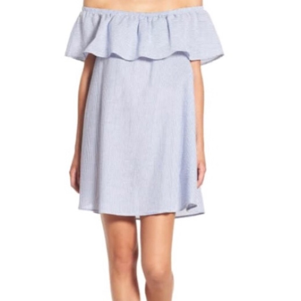 MINKPINK Off-Shoulder Pin Stripe Dress Baby Blue
